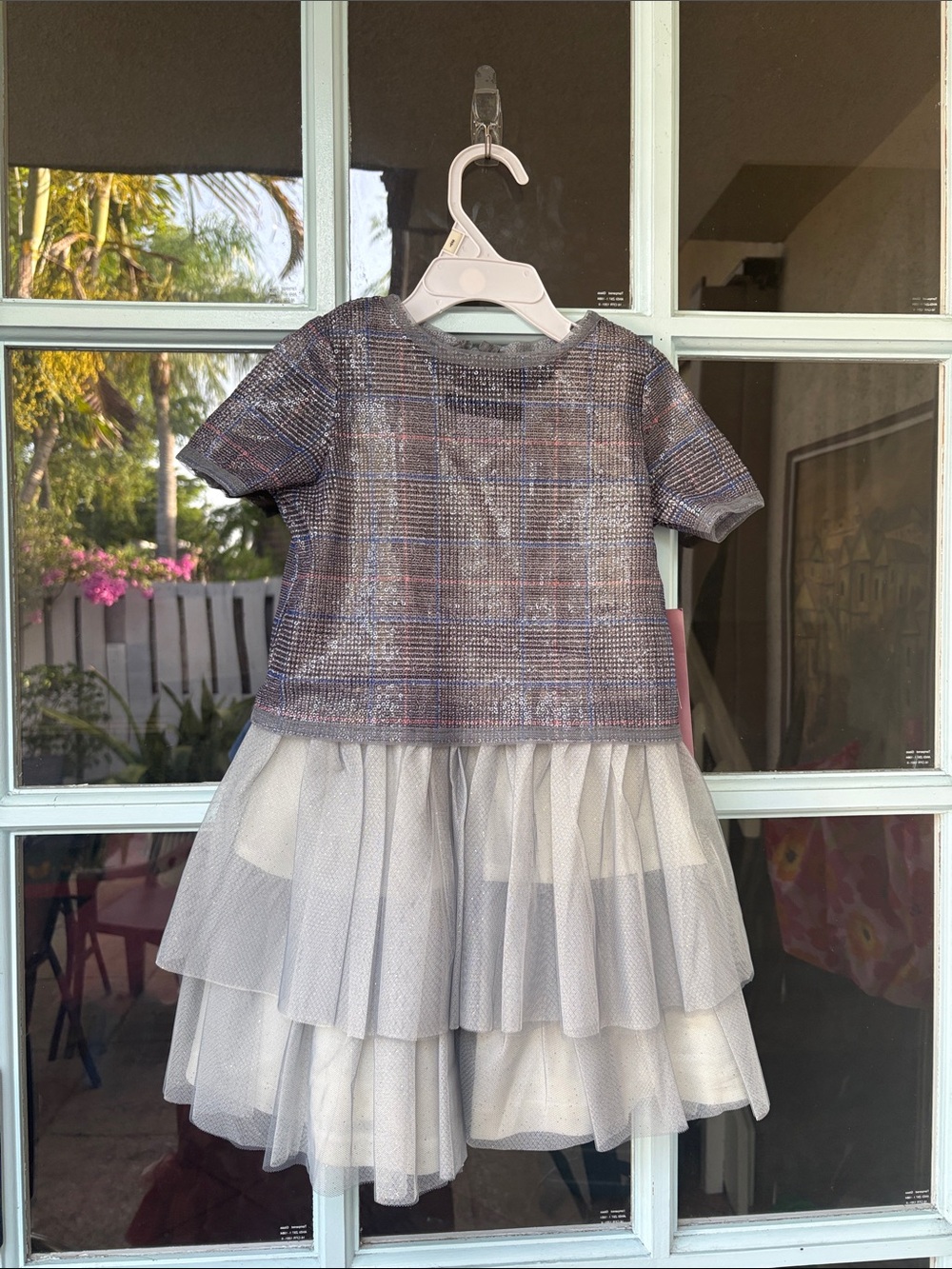 Biscotti Silver and Gray Tweed Top with White Tiered Tulle Skirt Formal Dress